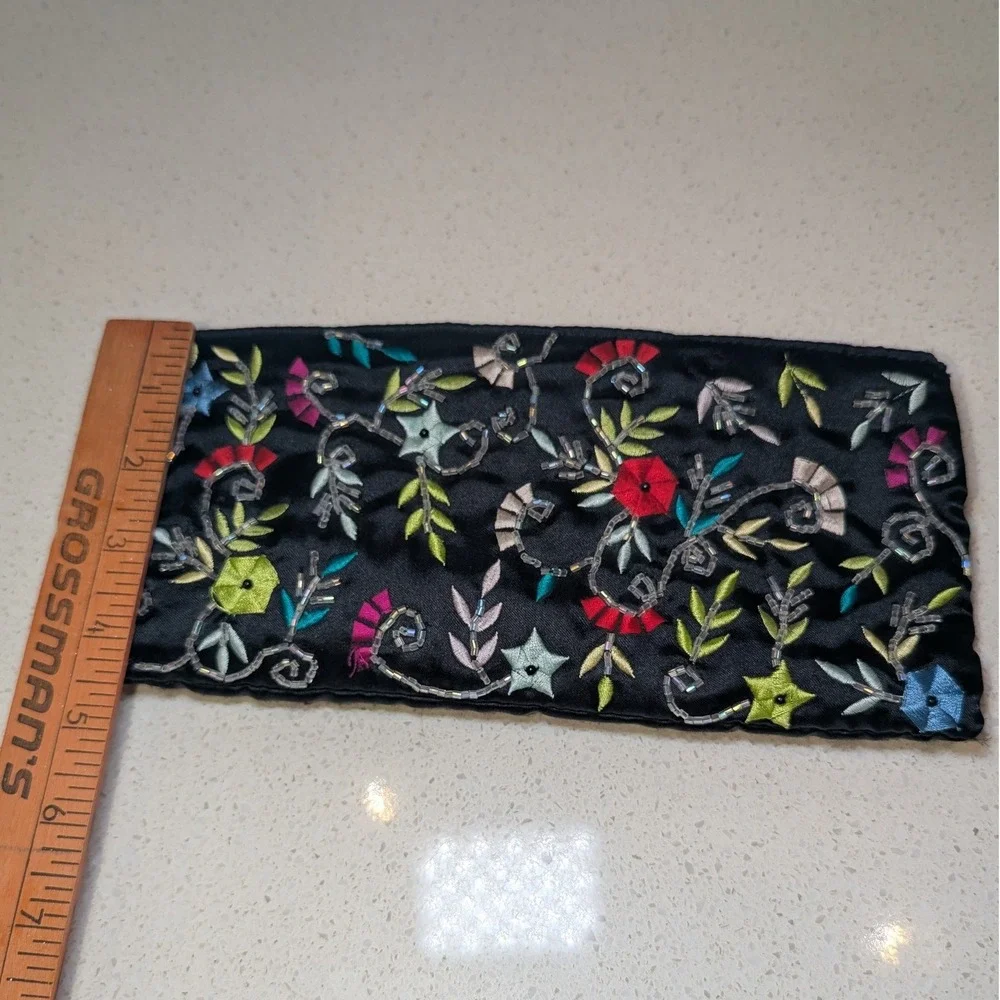 Sasha New York Clutch Black Satin Floral Embroidered Beaded Evening Bag 90s Y2K